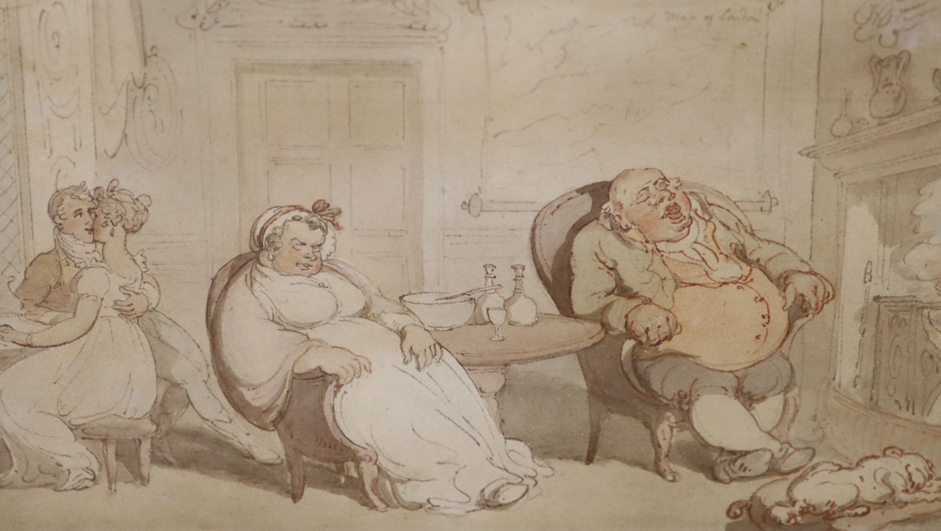 Thomas Rowlandson (1756-1827), ink and watercolour, The Music Lesson, Agnews label verso, 14 x 23.5cm